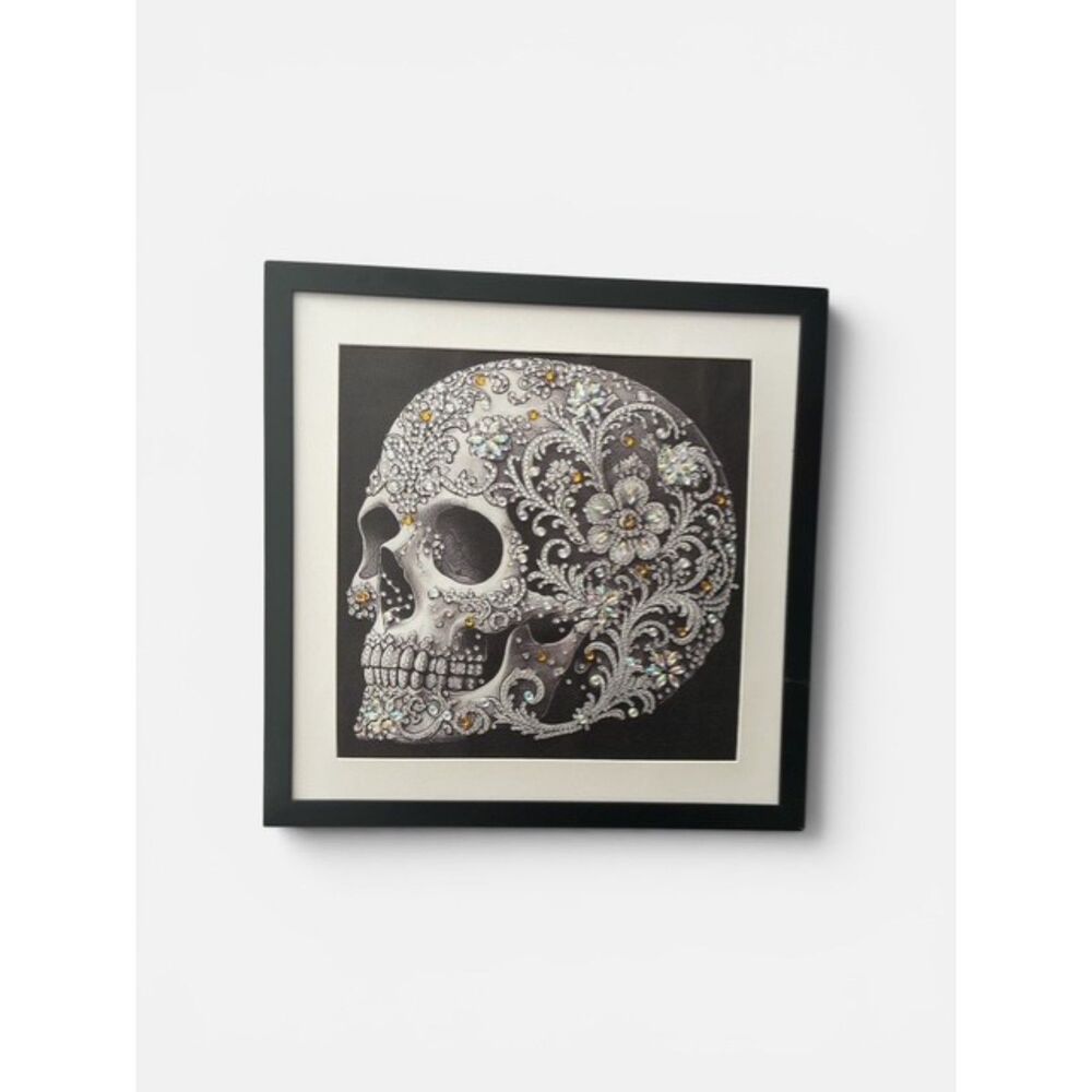 Handmade 5D Diamond Painting Ornate Gothic Skull Black Framed Matted 12x12
